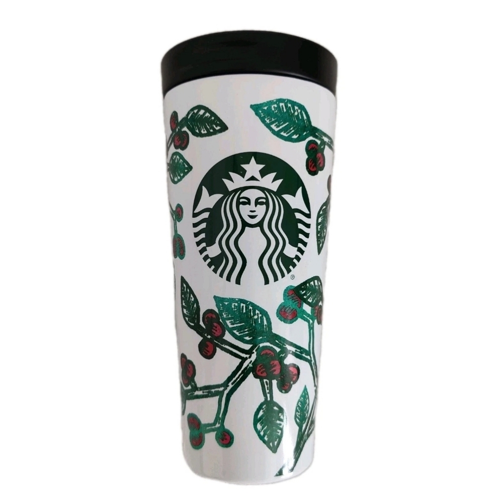 Starbucks Holly Berry Holiday Insulated Tumbler 2017 16 OZ Ounce Cup Large White